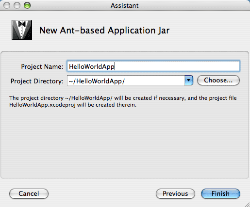 New Ant-based Application Jar screen with HellowWorldApp as the project name and ~/HelloWorldApp/ as the project directory