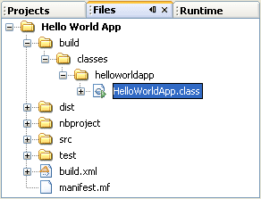 Files window, showing the generated .class file.